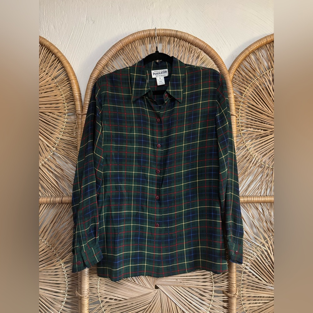Vintage Pendleton Tartan Plaid 100% Silk Button Down Shirt